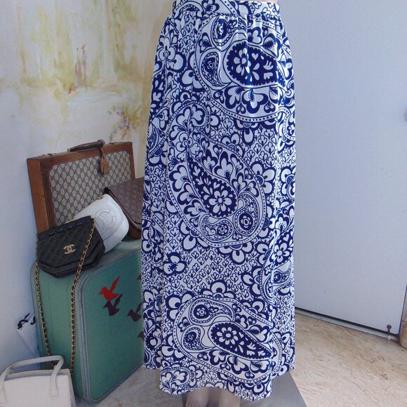 Vintage 70s Maxi Skirt Blue White Paisley Floral Prairie Cottagecore Sz M - Picture 5 of 7